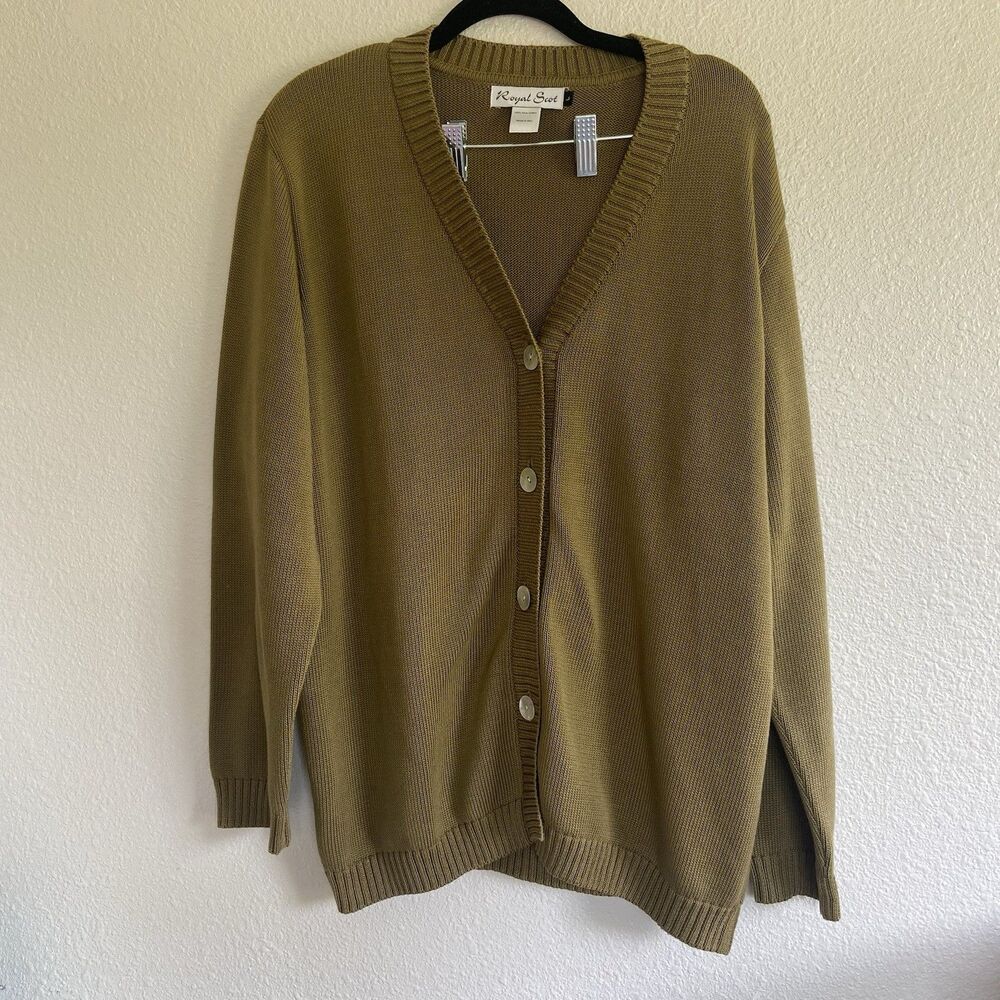 Royal Scot 100% Pima Cotton Olive Green Cardigan Women’s Large Shell Buttons